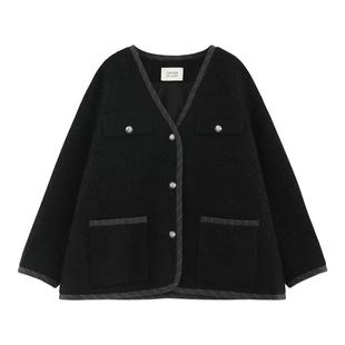 【夜露】重磅立体编织圈圈纱羊毛呢撞边随性V领廓形大衣外套-T080