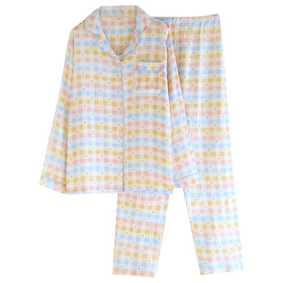 2026春睡衣女纯棉双层纱布长袖泡泡棉日系开衫薄款套装休闲家居服