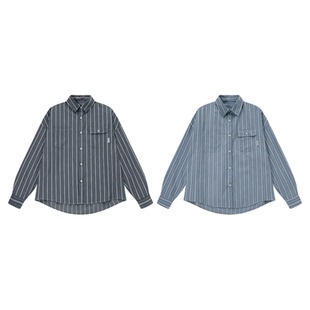 吕小虎ACTUP 潮牌ins条纹翻领长袖衬衫男春季不规则口袋衬衣外套