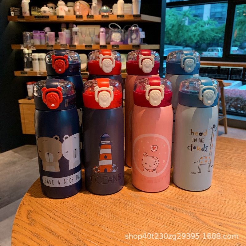 新款透明盖弹跳不锈钢保温杯卡通儿童学生男女创意儿童吸管水杯子