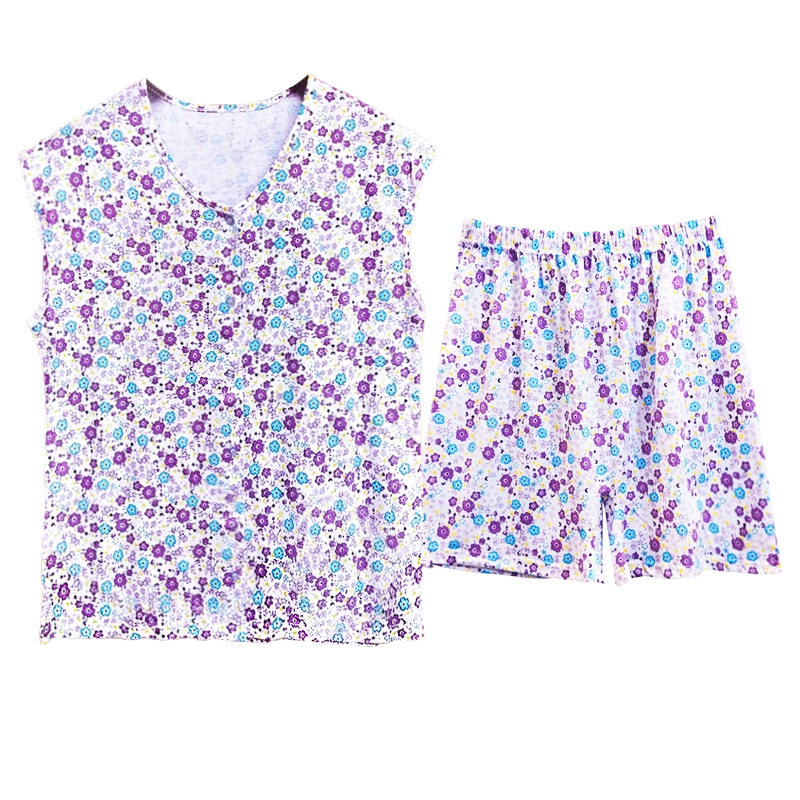 女士纯棉家居服套装中老年宽松妈妈夏季内外穿全棉开衫背心短裤女