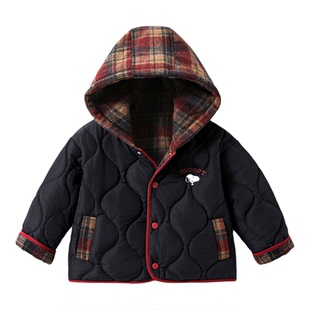 史努比童装儿童棉衣男童连帽棒球服女童男孩双面穿新年装红色冬装