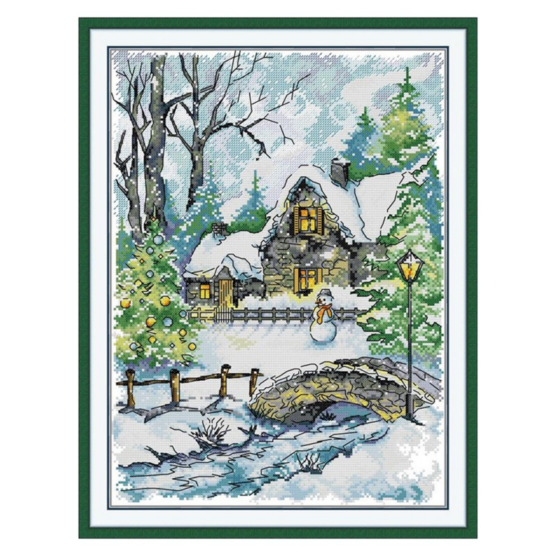 十字绣冬日雪景河边乡村小屋别墅