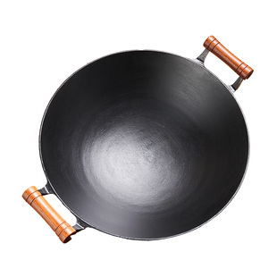 王源吉铸铁锅炒锅家用炒菜双耳广口苏锅无涂层老式铁锅家用生铁锅