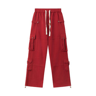 RESUMM美式阔腿红色工装裤女休闲高街潮牌爵士舞裤子街舞直筒长裤