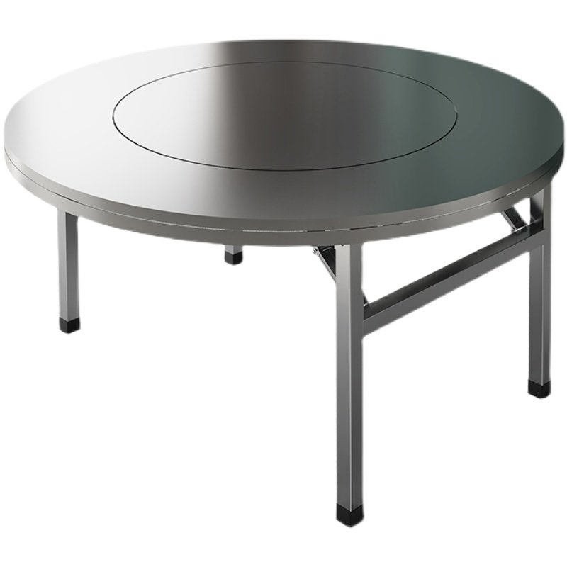 W6304加厚全不锈钢转盘圆桌吃商用食堂餐桌饭桌可折叠家用圆台面