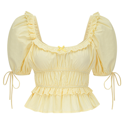 法式复古高腰短款泡泡袖衬衫