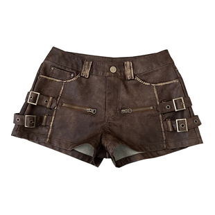 复古美式辣妹PU皮高腰显瘦工装短裤阔腿裤靴裤休闲裤女秋冬新款