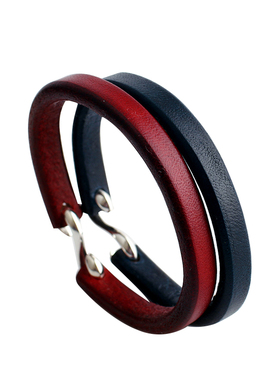 一休老银匠枣红藏青银钩皮手环