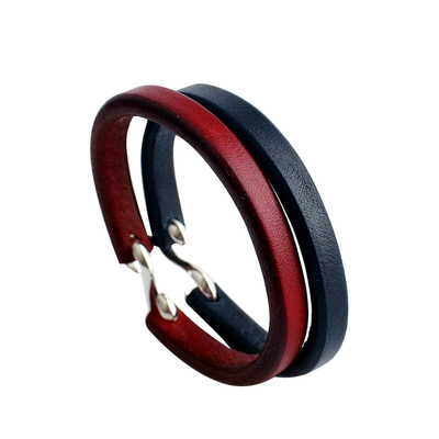 一休老银匠枣红藏青银钩皮手环