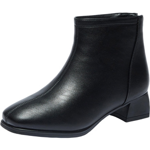 秋通勤方头中跟4cm黑皮鞋软底粗跟黑色短靴女冬季工作鞋短筒靴子