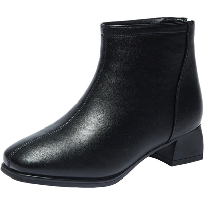 粗跟后拉链方头4cm简约短靴黑色