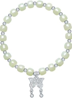 周六福和田青玉手链女蝴蝶结手串手饰S925银百搭本命年礼物送女友