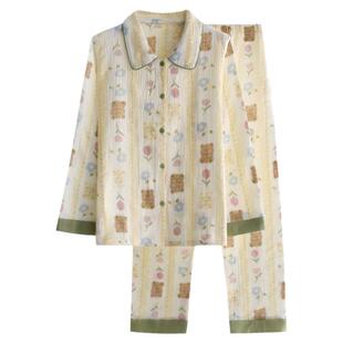 条纹小熊印花睡衣女士春夏季纯棉纱布薄款宽松长袖开衫家居服套装