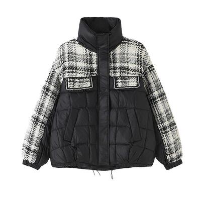 立领小香风撞色短款羽绒外套