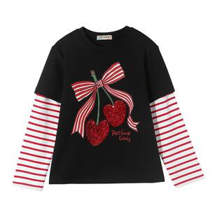 女童假两件长袖T恤新款秋冬季儿童黑色打底衫印花樱桃条纹上衣服