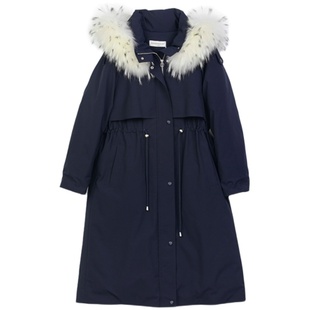 诗梦品牌女装藏青色白鸭绒羽绒服连帽抽绳收腰毛领休闲长款派克服