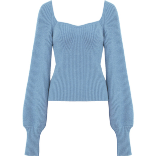 DPLAY2026年春季新款蓝色毛衣女时尚复古宽松针织衫慵懒长袖上衣