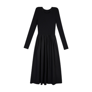 ousph 黑色圆领长袖针织连衣裙女秋季收腰修身显瘦气质高级感长裙