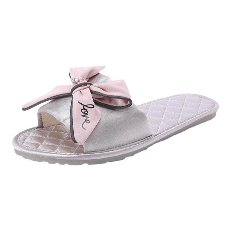黑色绸缎宫廷风日式亚麻拖鞋家居女仙女外穿格子少女心菱格蝴蝶结