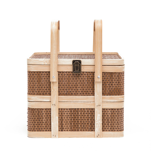 双层竹篮竹编礼品收纳篮带盖家用手提篮子年货端午中秋节食品包装