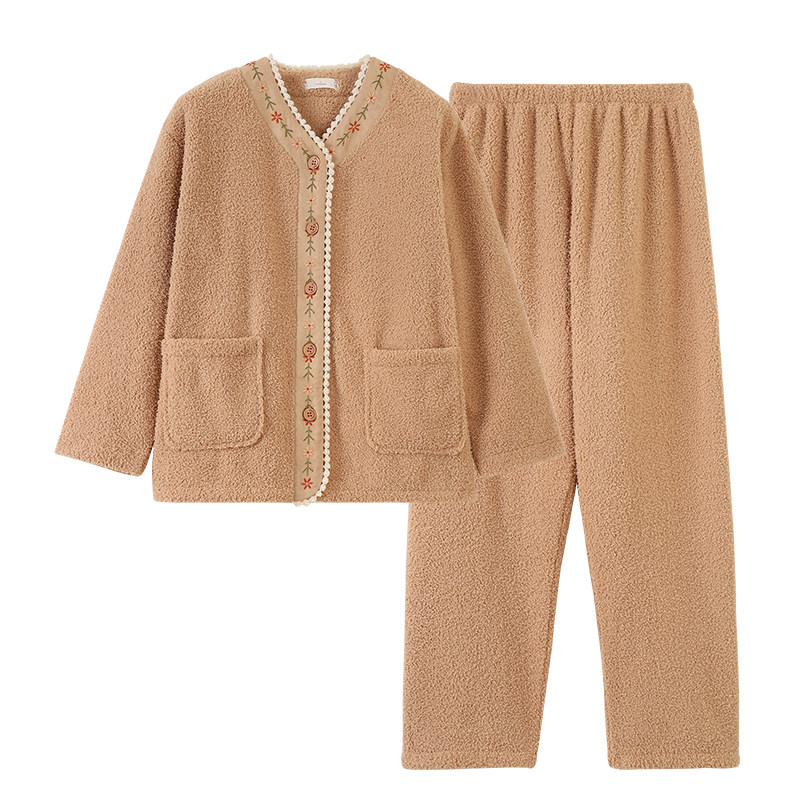 猫人中老年人居家服女奶奶秋冬珊瑚绒妈妈加厚保暖衣服老太太睡衣