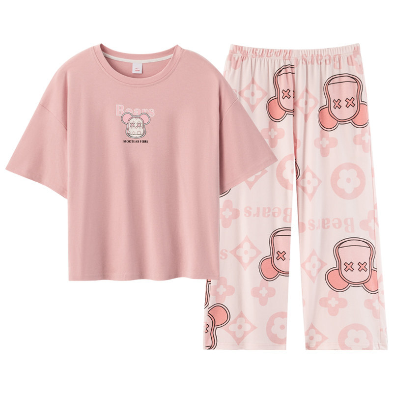 新款芬腾休闲睡衣女士纯棉短袖八睡衣/家居服套装