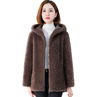 羊剪绒大衣女2025冬新中长款连帽皱褶宽松海宁羔羊毛颗粒皮草外套