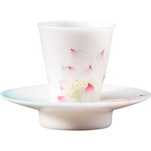 妙莲天香一杯一碟手绘荷花山水冰种玉陶瓷主人杯个人专用品茗单杯