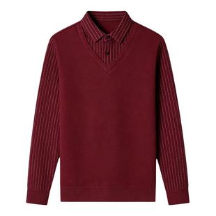 猫人中年爸爸本命年红色假两件羊毛针织衫男款2026春季喜庆毛衣厚