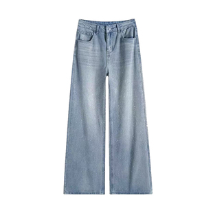 专柜耀眼星河烫钻爆闪牛仔裤女开春新款高腰宽松显瘦阔腿堆堆裤秋