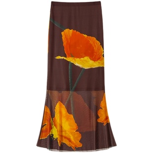 ROSELINGLING博主标配虞美人氛围感印花心机通透网纱上衣半裙套装