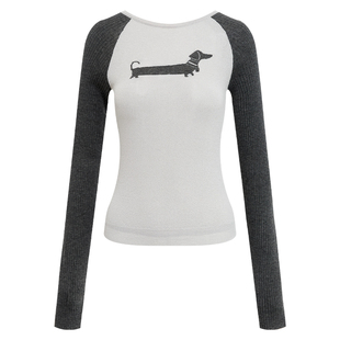 出逃赤岗西 腊肠狗插肩内搭长袖针织衫T恤上衣女春撞色修身打底衫