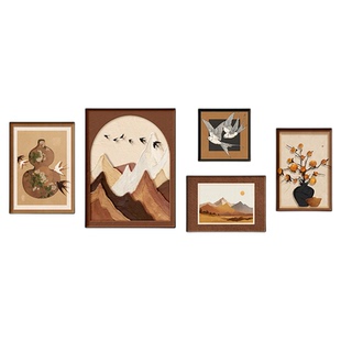 中古风客厅装饰画背有靠山五联组合套画柿柿如意沙发背景墙壁挂画