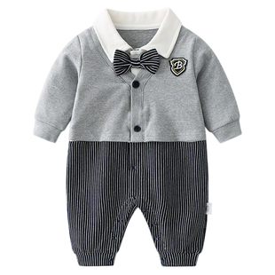 婴儿连体衣春季男宝周岁服春装新款衣服开春满月少爷绅士服爬爬服