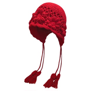 川西旅游手工钩花红色流苏帽子女秋冬季双层保暖显脸小毛线针织帽