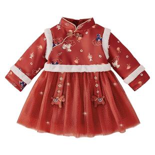 唐装女童年服连衣裙保暖儿童加绒裙子中小童国风红色衣服宝宝汉服