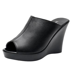 坡跟凉拖鞋女夏鱼嘴试衣间高跟厚底防水台一字拖女真皮拖鞋室外穿