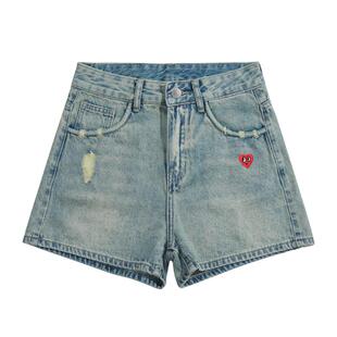 查尔斯桃心 高腰牛仔短裤女士夏季新款复古破洞直筒a字休闲热裤子