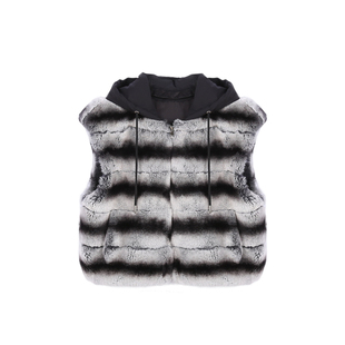 Deessesicile黑白龙猫色獭兔毛皮草外套轻奢时髦拼接短款连帽马甲