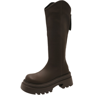 美拉德棕色靴子女长筒靴小个子厚底V口不过膝长靴显瘦高筒骑士靴