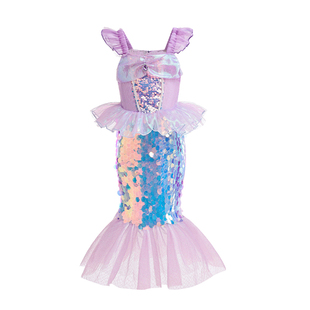 女童美人鱼公主裙新款女孩迪士尼爱丽儿生日礼服鱼尾演出裙子夏季