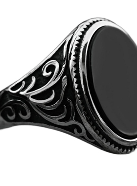 男士钛钢复古藤蔓雕花纹印章戒指