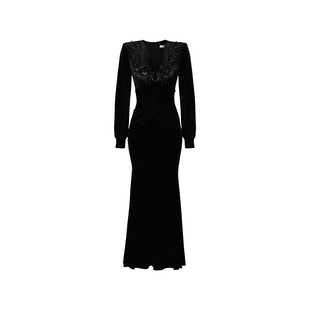 XULU原创轻奢丝绒性感修身包臀裙气质知性灯笼袖V领开叉连衣裙