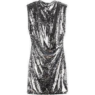 HM女装连衣裙冬季圆领亮片垫肩无袖礼服短款气质裙子1251994