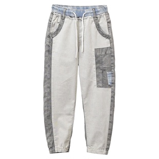 ABLE JEANS束脚裤秋季潮牌拼接做旧水洗休闲运动牛仔裤九分男女款