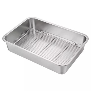 特厚304食品级不锈钢方盆网架沥油盆长方形加厚商用摆摊方盘带盖