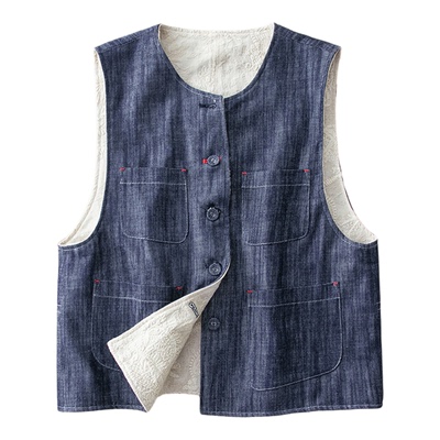 蛮文 双面穿双面精致 日系棉麻腰果花刺绣牛仔圆领马甲背心 56172