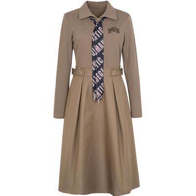 XG雪歌领带搭配假两件连衣裙2025春季新款褐色套头长袖中长裙女装