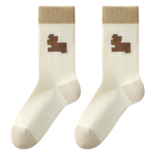 可爱袜子女款ins潮纯棉中筒秋冬款miu系卡通复古吸汗防臭长筒袜